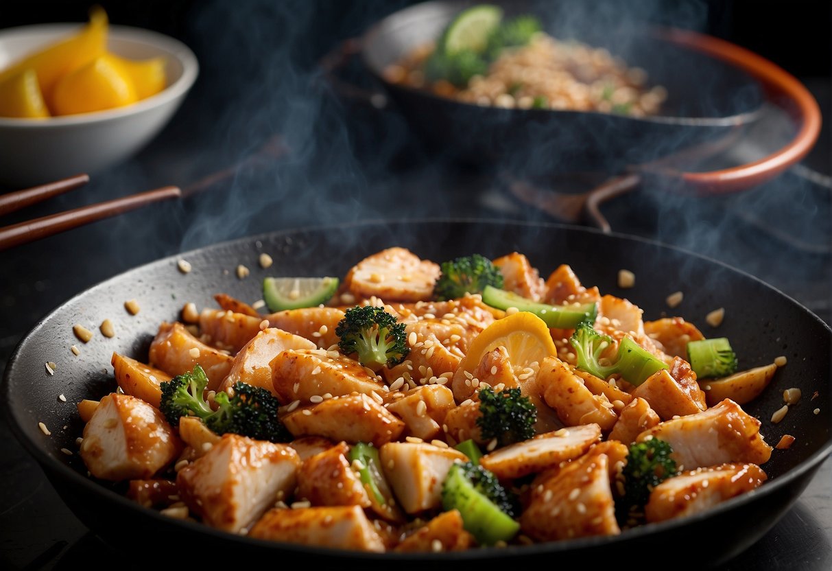A wok sizzles with diced chicken, lemon slices, and a glossy sauce. A sprinkle of sesame seeds adds texture