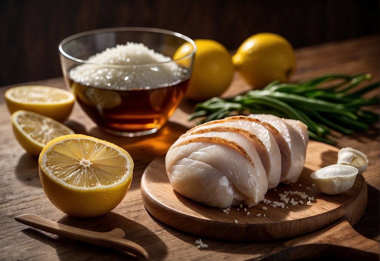 A table with a cutting board, knife, lemon, garlic, chicken, soy sauce, sugar, and cornstarch. Ingredients are neatly arranged for easy access and cooking