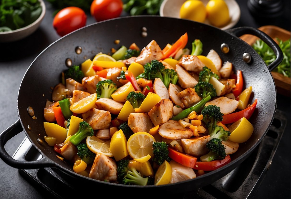 A wok sizzles with diced chicken, lemon slices, and colorful vegetables being stir-fried in a savory sauce. Ingredients are neatly arranged nearby