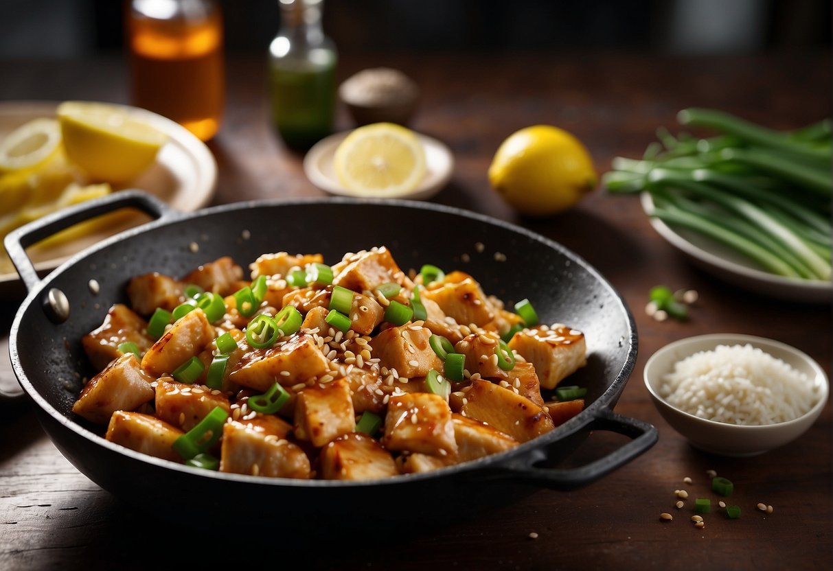 A wok sizzles with diced chicken, stir-frying in a tangy lemon sauce. Sliced green onions and sesame seeds garnish the dish