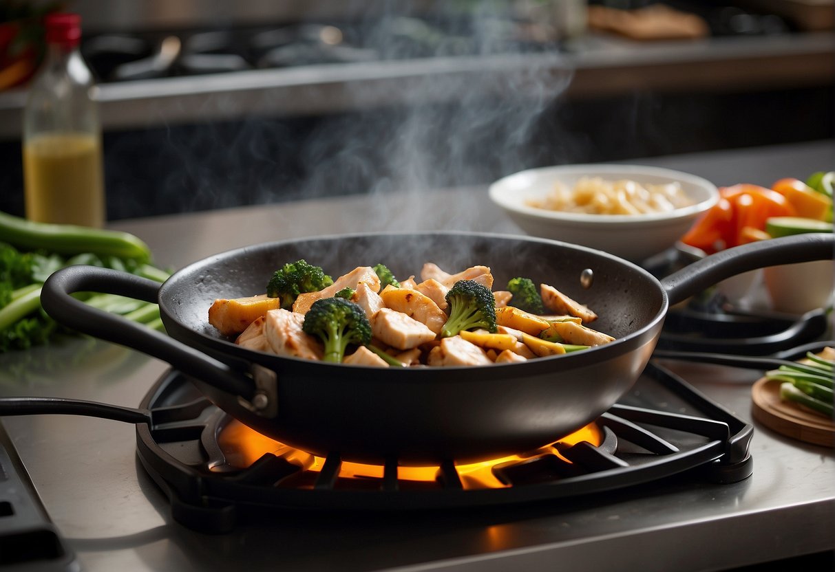 A wok sizzles with sliced chicken, lemon sauce, and vegetables. A microwave sits nearby, ready to reheat the dish