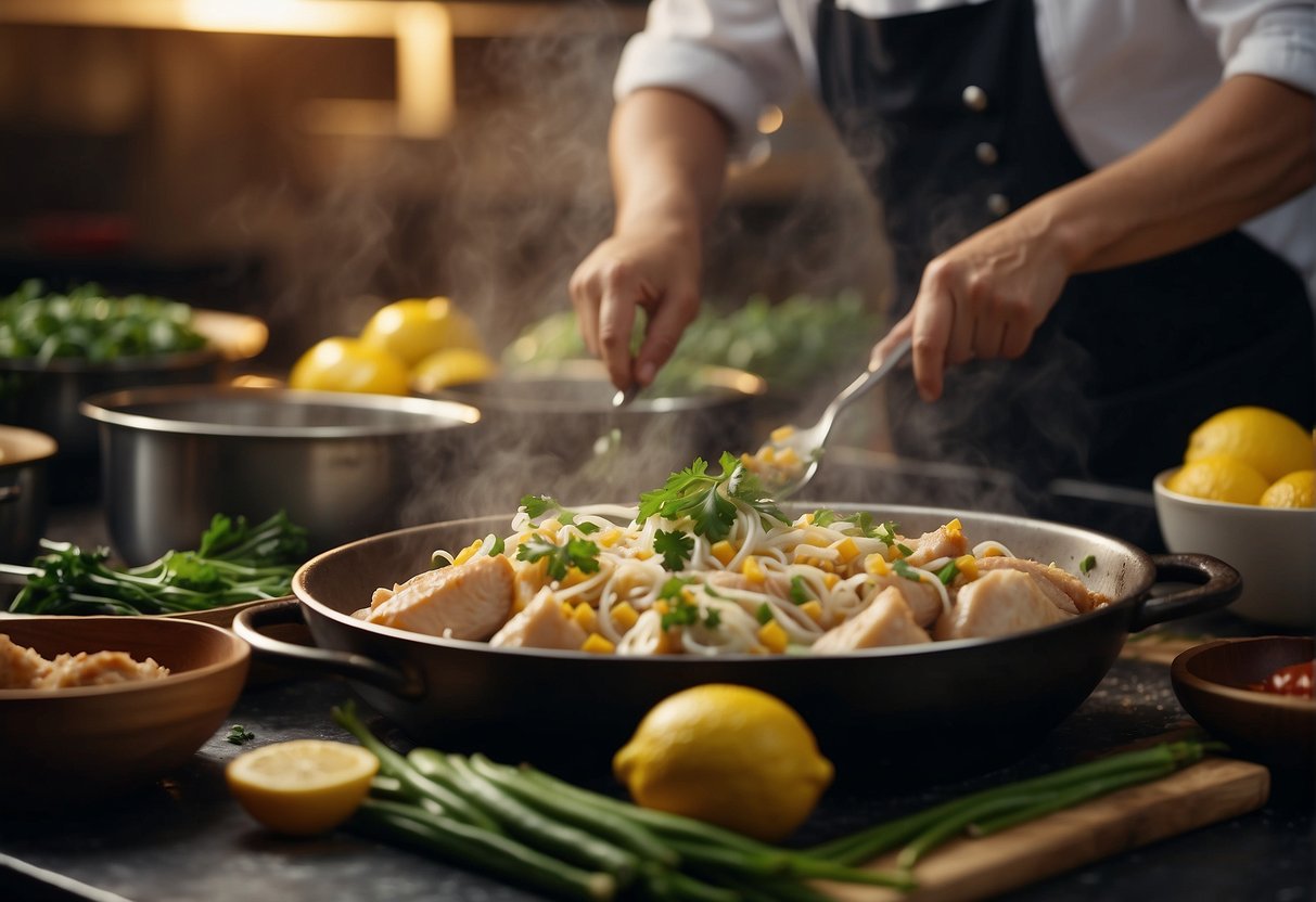 A chef effortlessly prepares a zesty Chinese lemon chicken dish in a bustling kitchen, surrounded by fresh ingredients and cooking utensils