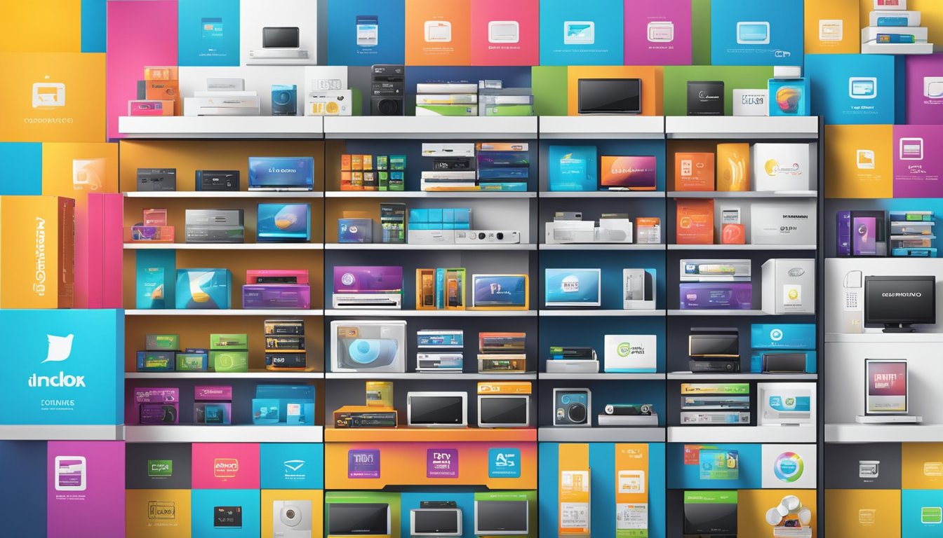 Top consumer electronics brands displayed on shelves with bright, modern packaging. Logos and product names are prominently featured