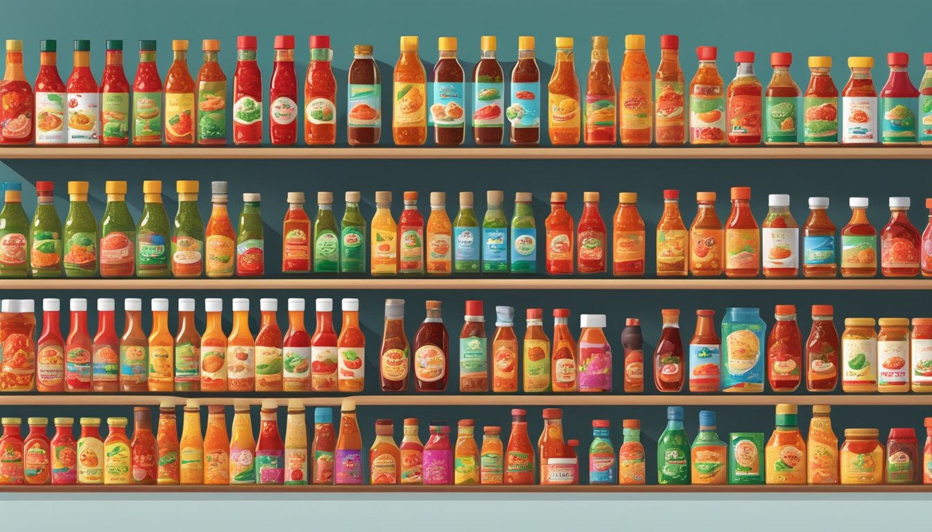 A variety of Thai sweet chili sauce brands displayed on a shelf with colorful labels and different bottle sizes