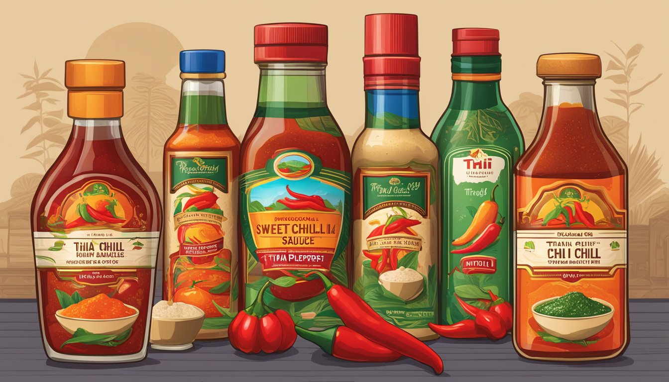A table displays various Thai sweet chili sauce bottles. Labels feature vibrant colors and Thai-inspired designs. A bowl of chili peppers and garlic sits nearby