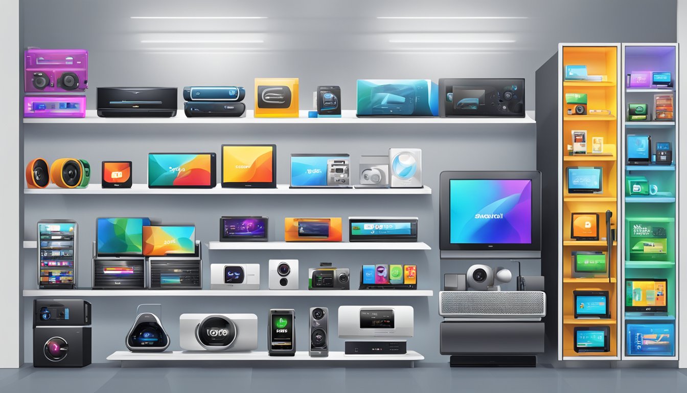 Top consumer electronics brands displayed on shelves with bright logos and sleek designs