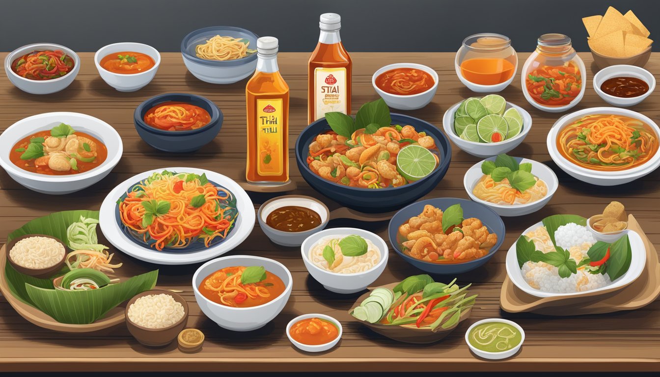 A table set with an assortment of Thai dishes, with a bottle of Thai sweet chili sauce brands as the centerpiece