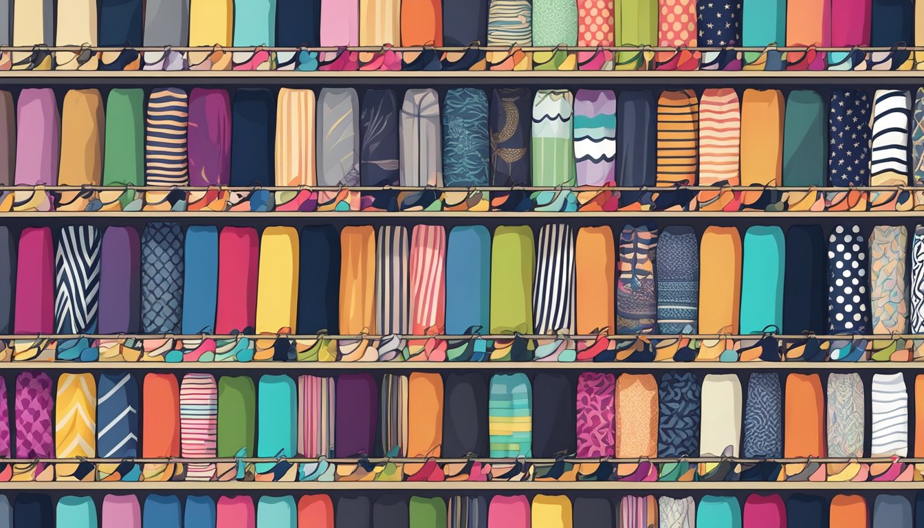 A colorful array of tights from various brands displayed on a rack, with different patterns and styles for every occasion