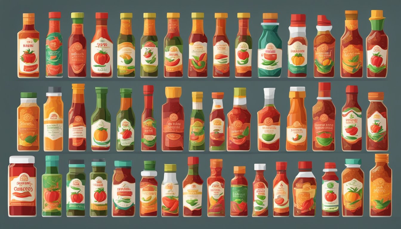 A variety of Thai sweet chili sauce bottles arranged on a shelf with vibrant labels and different sizes, surrounded by ingredients like chili peppers and garlic