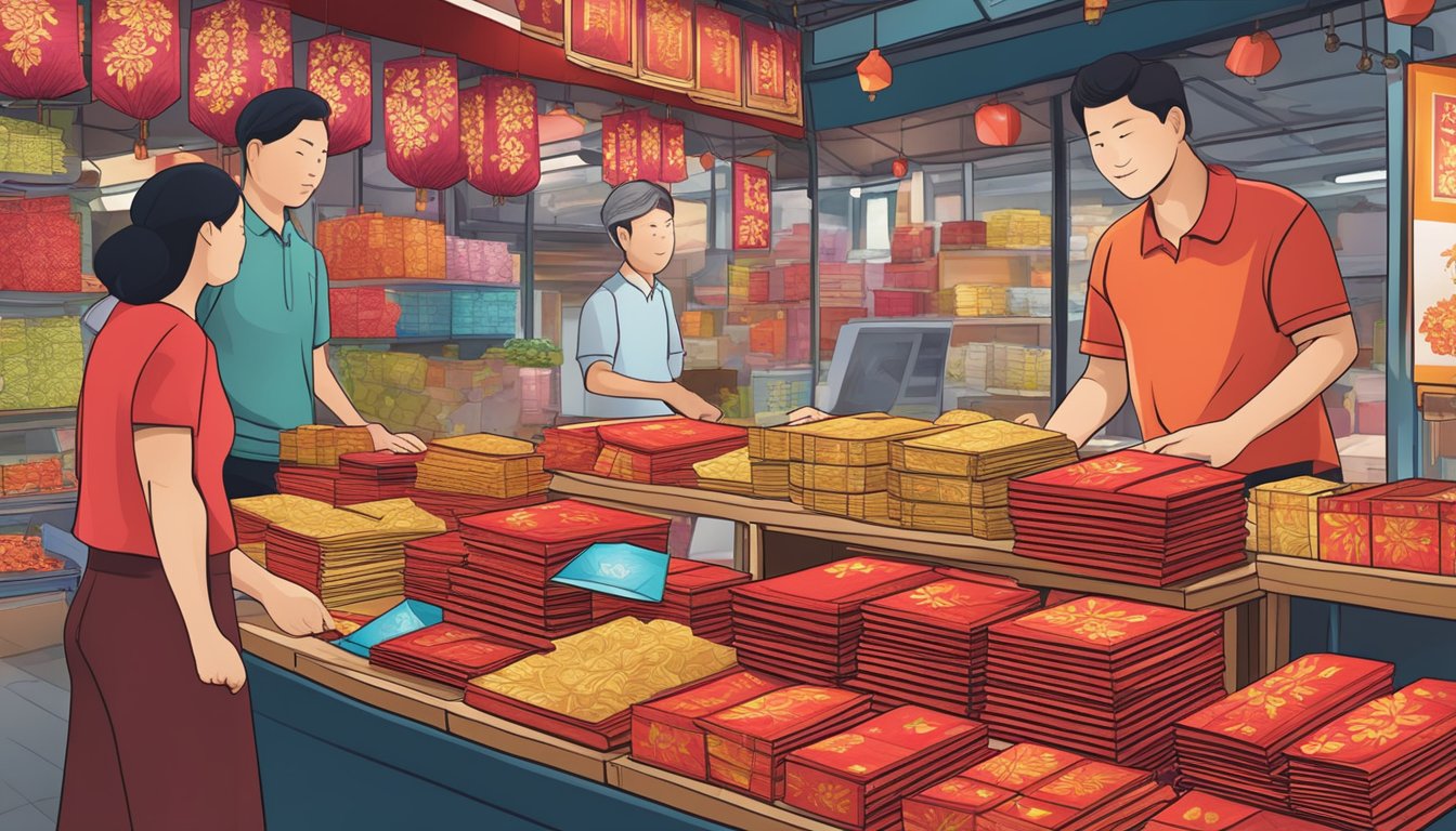 A bustling market stall sells red packets in Singapore. Brightly colored envelopes are neatly stacked on the table, with a variety of designs and sizes to choose from