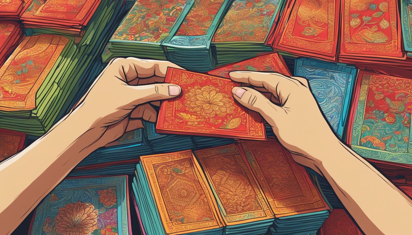 A hand reaches for a stack of red packets at a bustling market stall in Singapore. Bright colors and intricate designs catch the eye, offering a wide selection to choose from