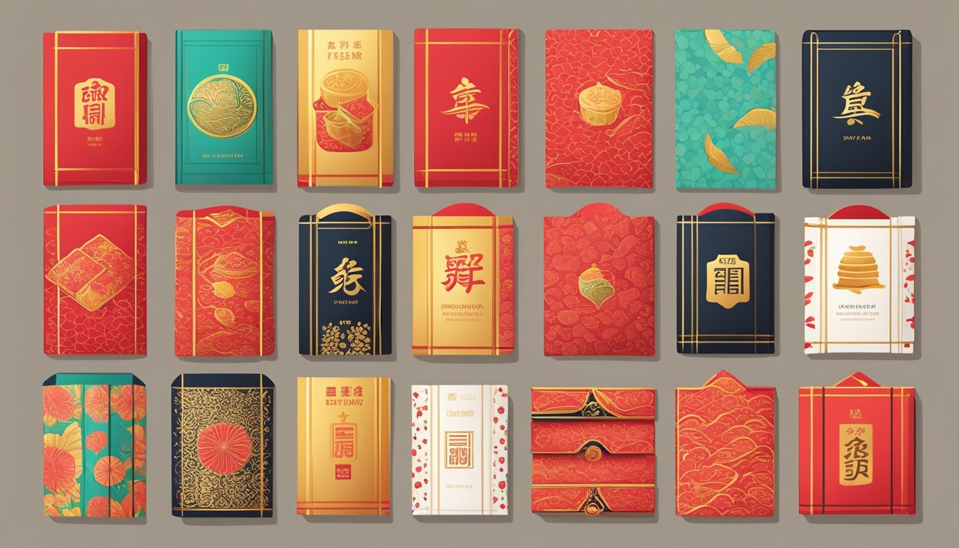 A colorful display of red packets in a Singaporean market, with various designs and sizes available for purchase