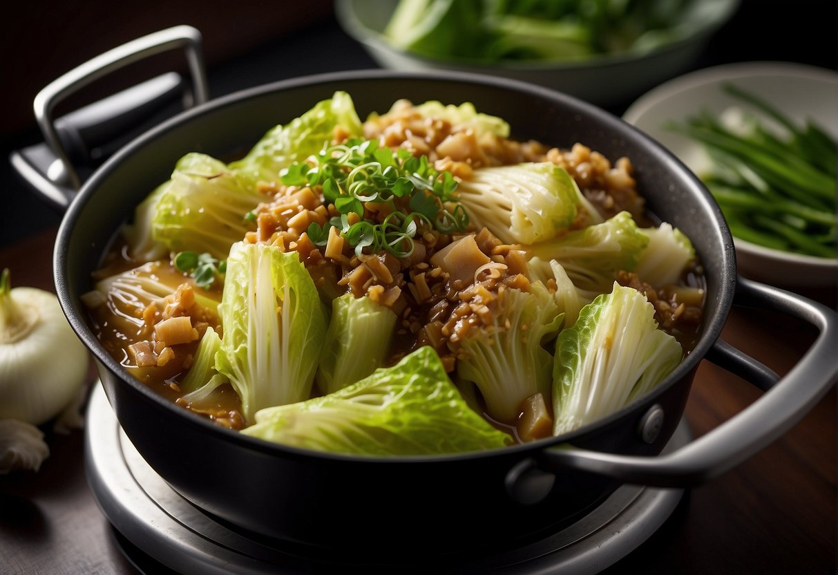 A pot of Chinese braised napa cabbage simmers on a stovetop, emitting savory aromas. The cabbage leaves glisten with a rich, flavorful sauce, and the dish is garnished with sliced green onions