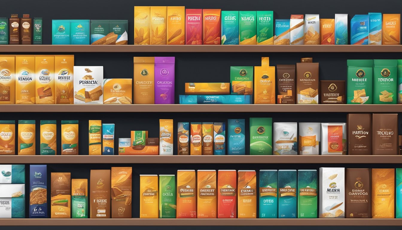 Various tobacco products displayed on shelves with Australian tobacco brands logos. Trendy packaging and colorful branding