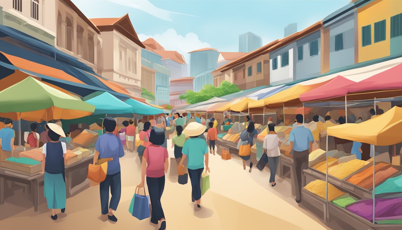 A busy marketplace with colorful stalls selling bags of sand in Singapore