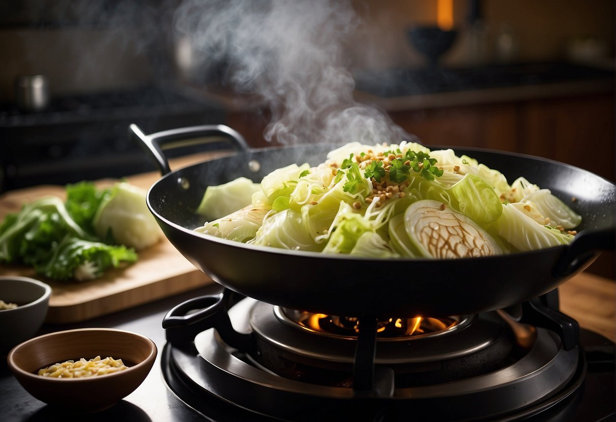 A wok sizzles as napa cabbage simmers in soy sauce, garlic, and ginger. Steam rises, filling the kitchen with savory aromas