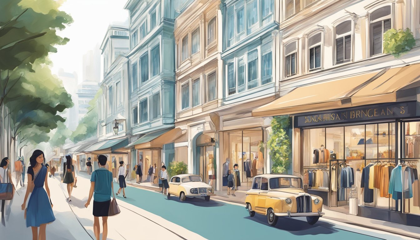 A bustling street lined with luxury boutiques showcasing top fashion brands in Singapore. Brightly lit storefronts and stylish window displays catch the eye of passersby
