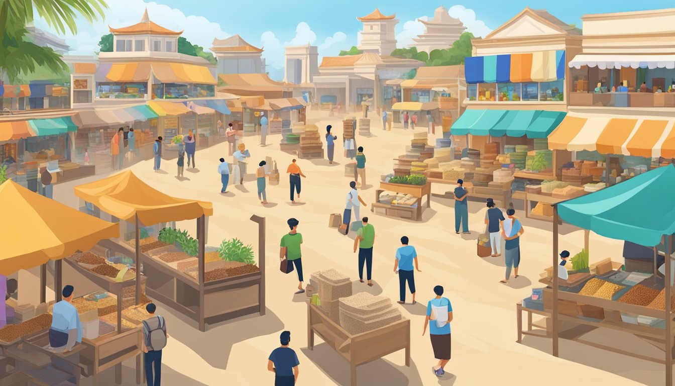 A bustling marketplace with various sand suppliers showcasing their products in Singapore. Customers examining different types of sand for purchase