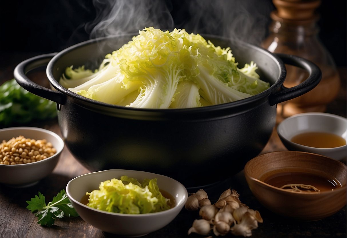 Napa cabbage simmering in soy sauce, ginger, and garlic. Steam rises from the pot as the flavors meld together