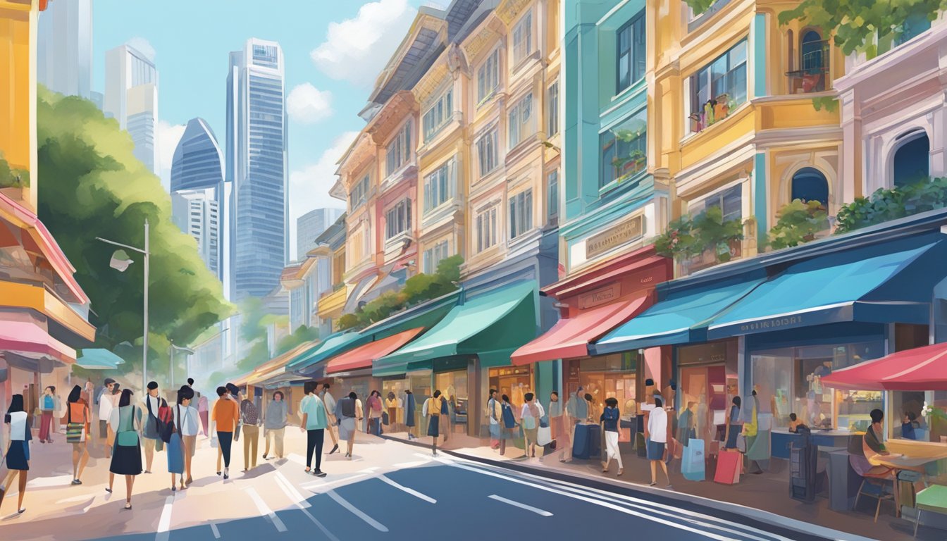 A bustling cityscape with iconic fashion storefronts and vibrant street displays, showcasing the diverse and dynamic fashion landscape of Singapore