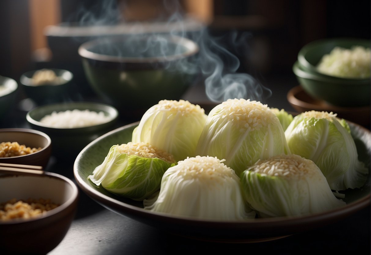 Napa cabbage simmering in soy sauce, ginger, and garlic. Steam rising, rich aroma. Bowls of rice and chopsticks on the table