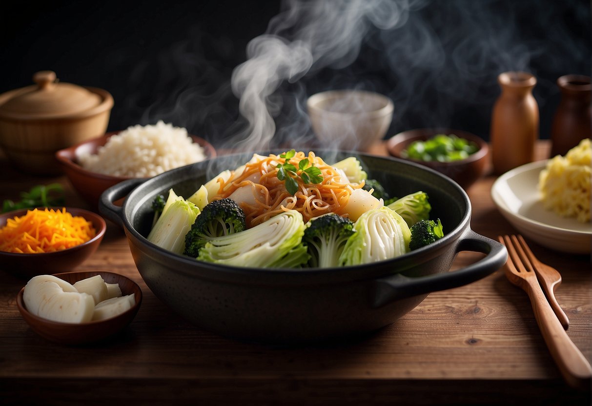 A table set with a steaming pot of Chinese braised napa cabbage, surrounded by various ingredients and utensils for pairing