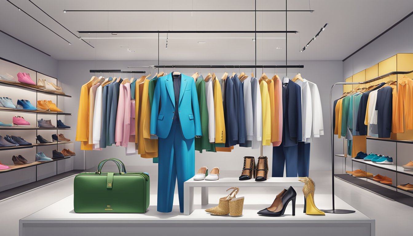 A vibrant display of top fashion brands' apparel and accessories, showcased in a sleek and modern setting in Singapore