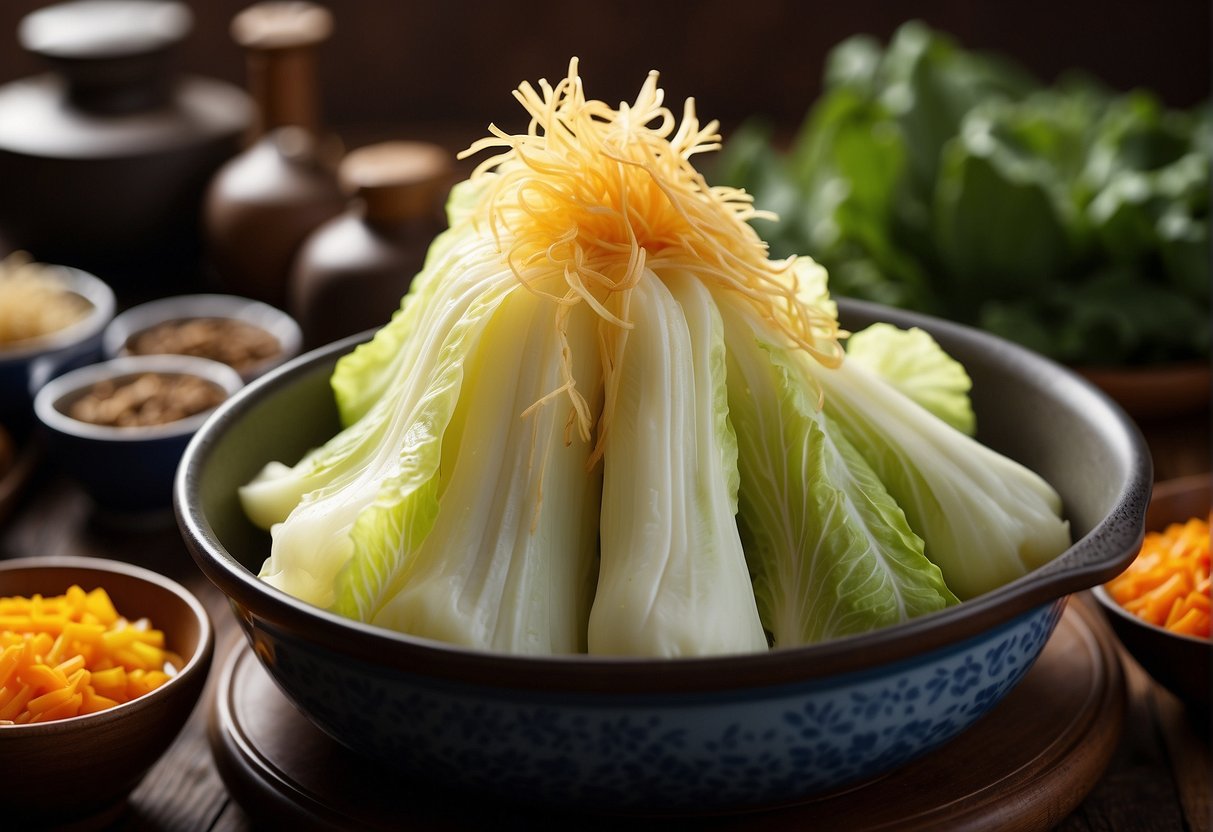 A steaming pot of Chinese braised napa cabbage, surrounded by colorful ingredients and a handwritten nutritional information label