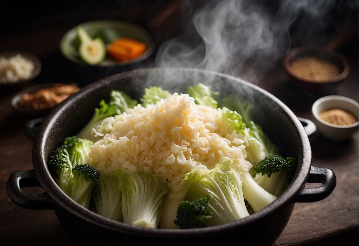 A steaming pot of Chinese braised napa cabbage surrounded by various ingredients like soy sauce, ginger, and garlic. Steam rising from the pot, filling the air with savory aromas