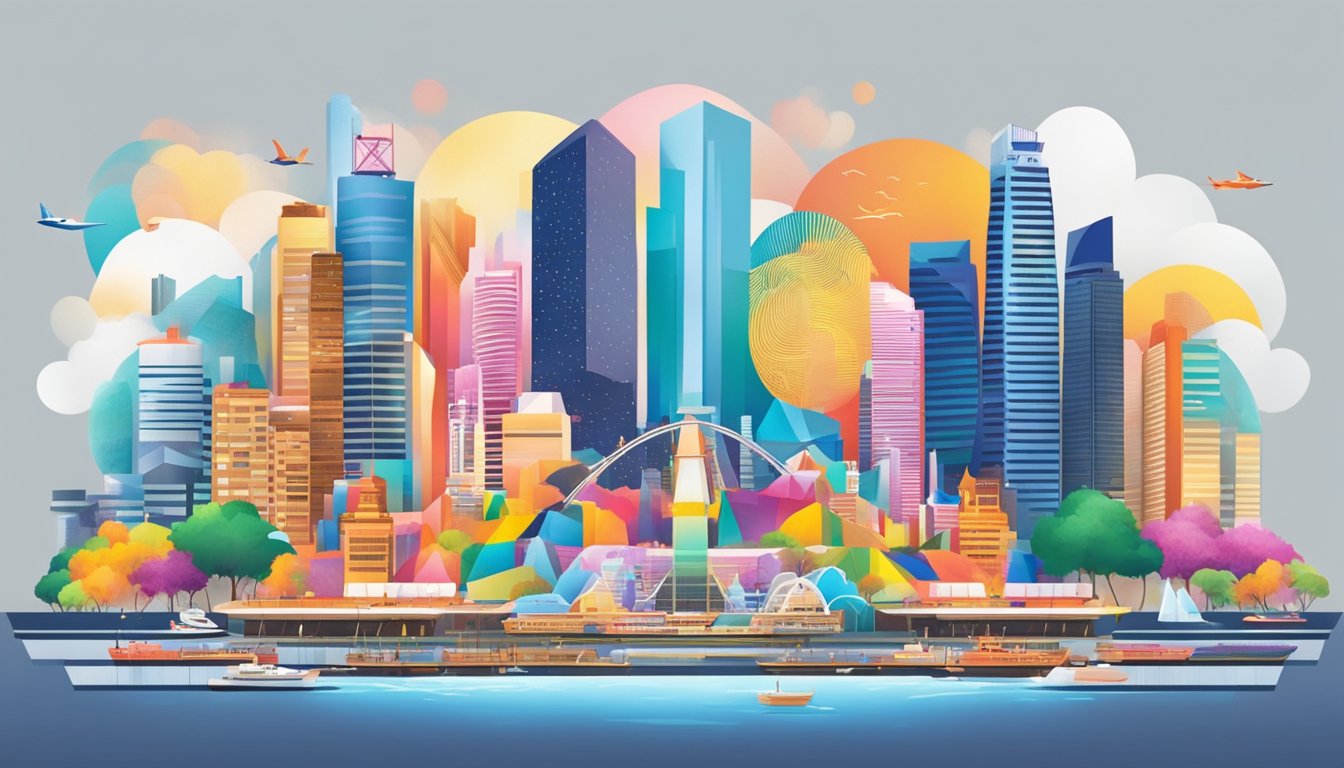 A colorful and vibrant display of top fashion brands' logos against a modern Singapore backdrop
