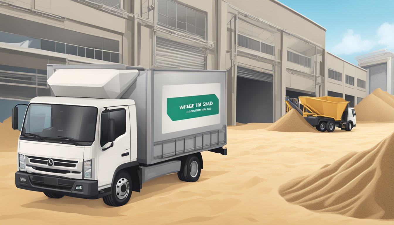 A delivery truck unloads bags of sand at a warehouse. Various packaging options are displayed nearby. Signage indicates "Where to buy sand in Singapore."