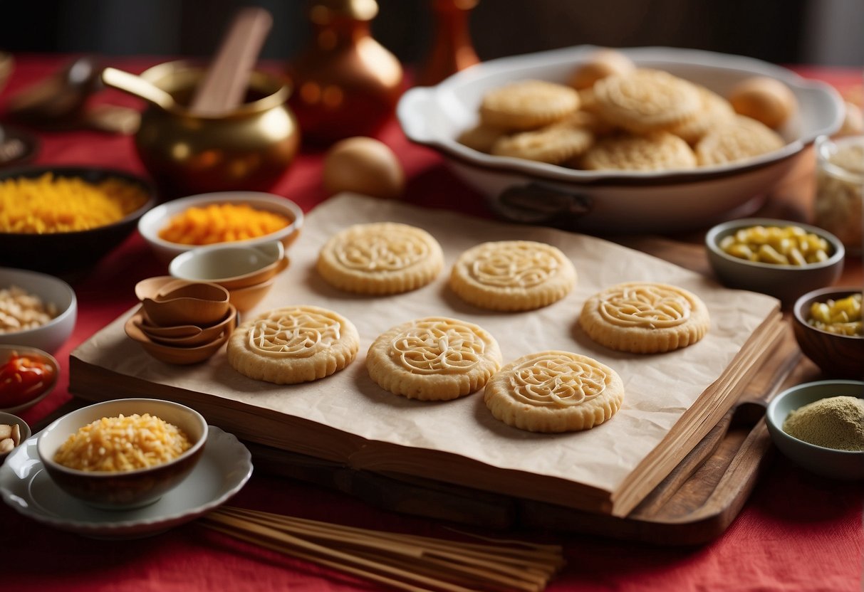 A table filled with ingredients and utensils for making Chinese New Year cookies. A recipe book open to a page with easy instructions