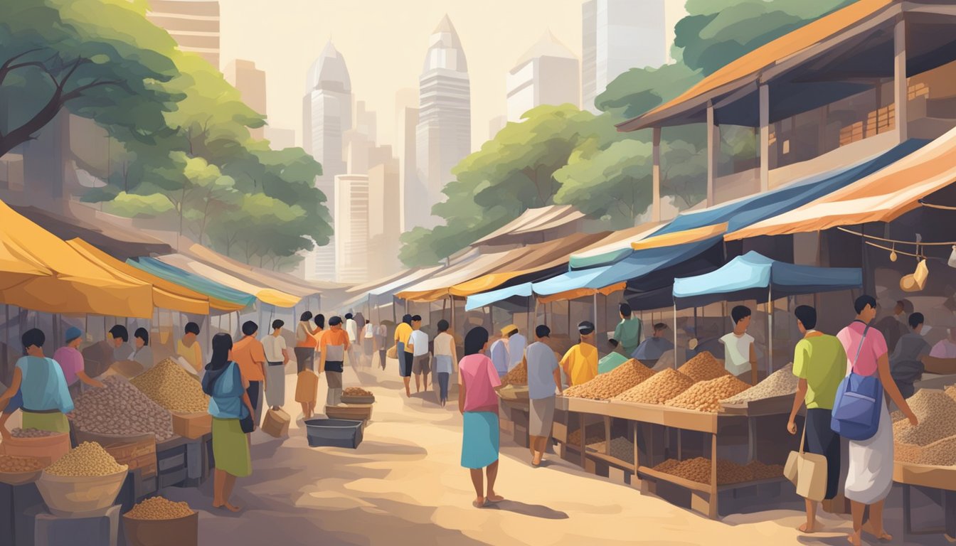 A bustling marketplace with vendors selling various types of sand in Singapore