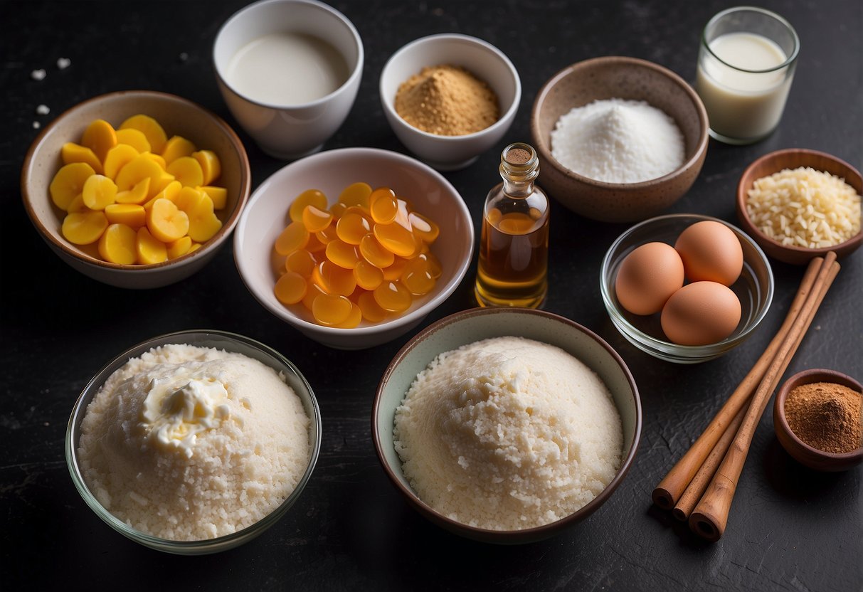 A table with various ingredients like flour, sugar, eggs, and vanilla extract laid out neatly, ready to be used for making Chinese New Year cookies