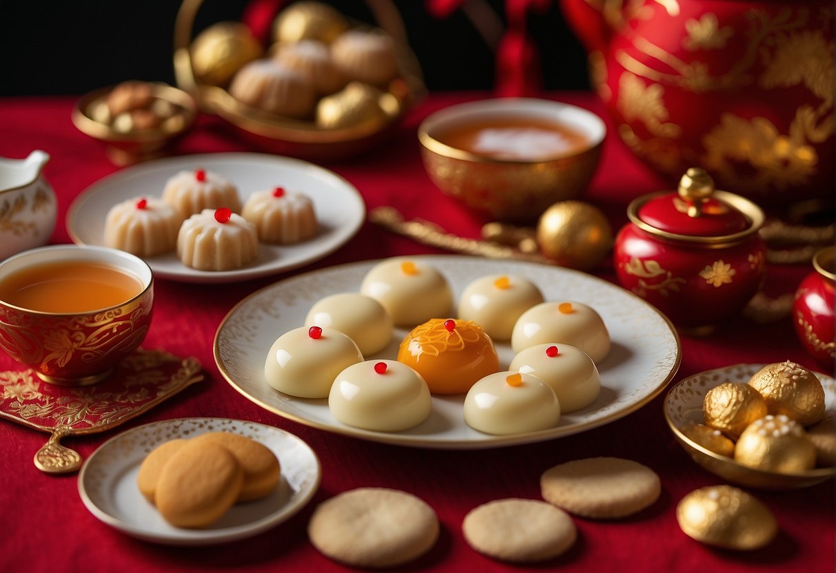 A table set with traditional Chinese New Year desserts, including tangyuan, nian gao, and almond cookies, surrounded by decorative red and gold accents