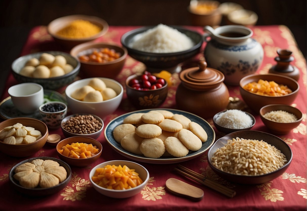 A table set with various ingredients and utensils for making Chinese New Year cookies. A recipe book is open, showing easy steps to follow