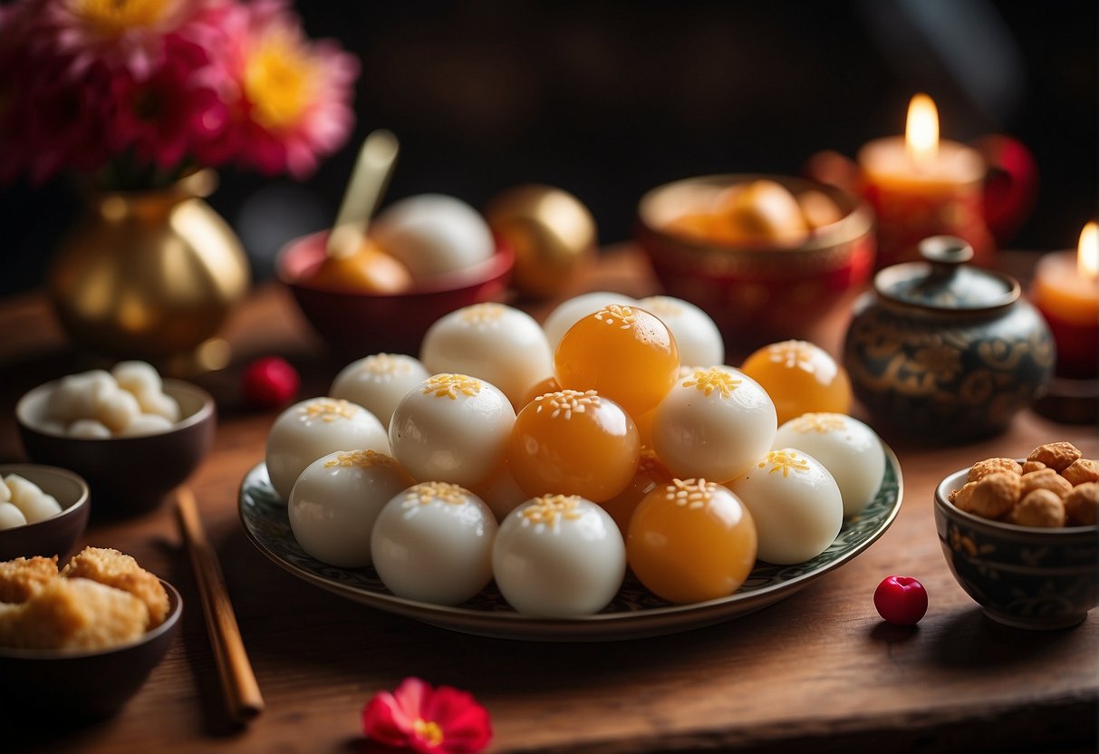 A table adorned with traditional Chinese New Year desserts, including tangyuan, nian gao, and sweet rice balls, symbolizing prosperity and unity