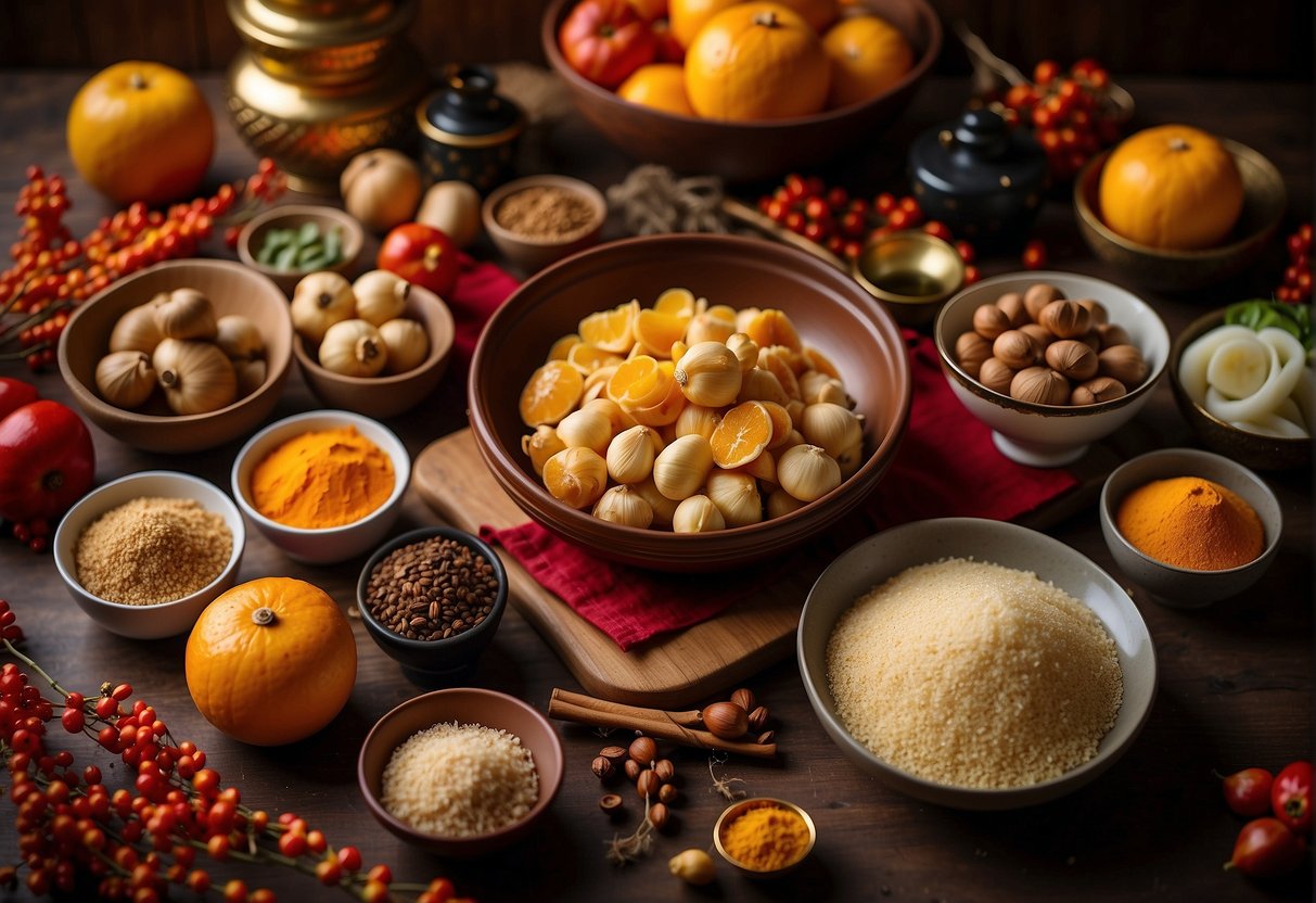A kitchen counter with a mix of traditional Chinese ingredients and modern kitchen tools, surrounded by vibrant red and gold decorations for Chinese New Year