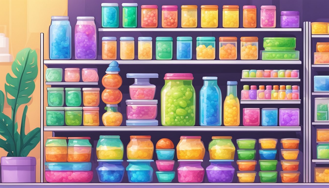 A colorful display of various slime products on shelves at a toy store in Singapore