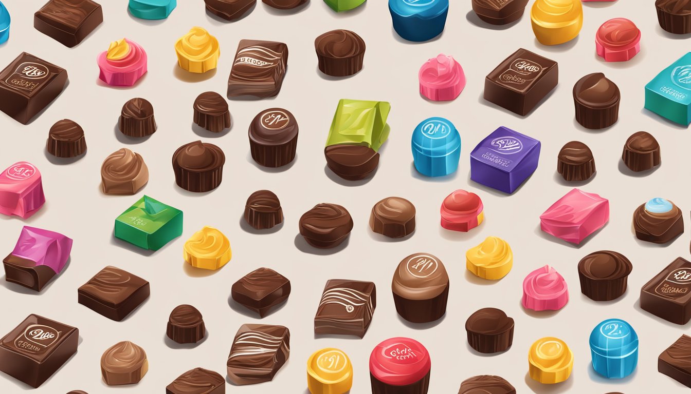 A table with 20 chocolate brand logos displayed. Bright colors and glossy packaging. A sense of luxury and indulgence