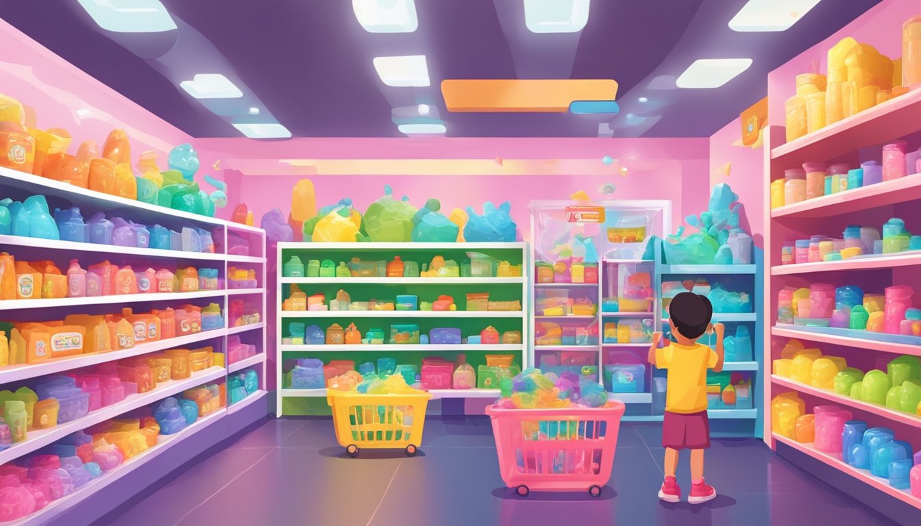 Shelves lined with colorful slime containers in a vibrant Singaporean toy store. Bright signage and excited children browsing the selection
