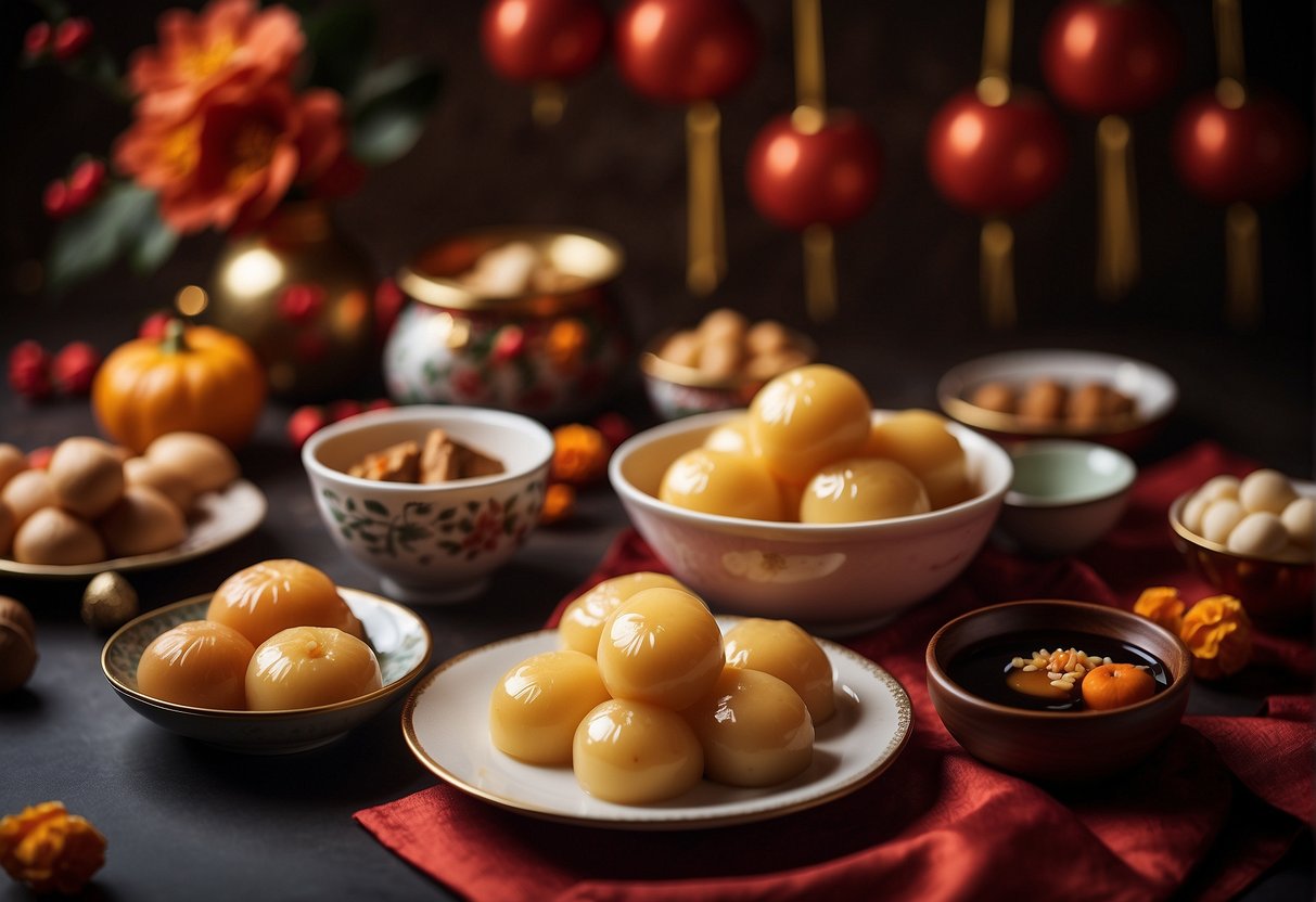 A table set with various traditional Chinese New Year desserts, including tangyuan, nian gao, and fa gao. Red and gold decorations add a festive touch