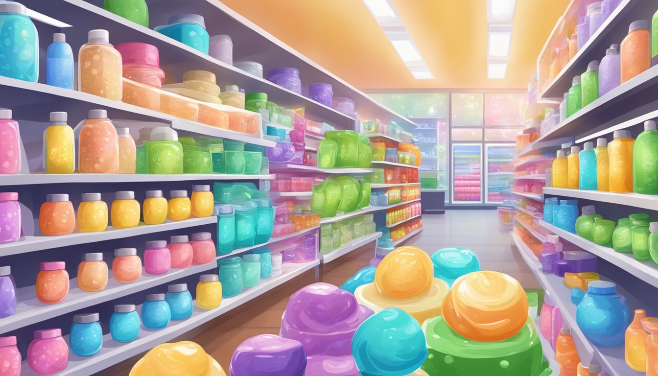 A colorful display of various slime products on shelves with a "Frequently Asked Questions" sign in a Singapore store