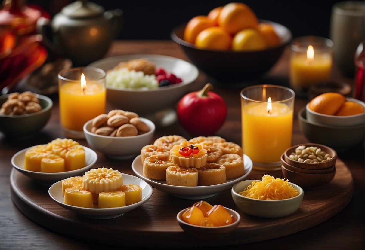 A table spread with colorful and modern Chinese New Year dessert creations, blending traditional flavors with a contemporary twist
