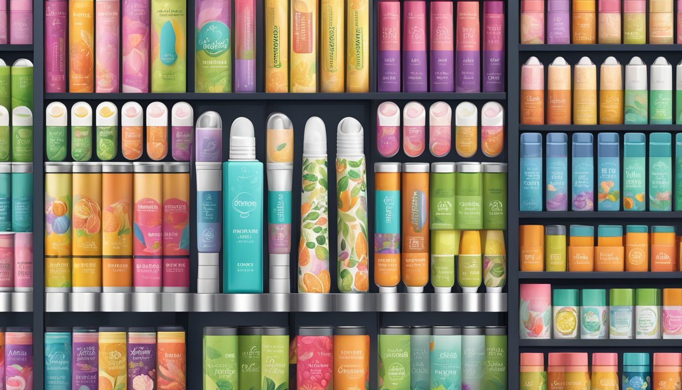 Various top lip balm brands arranged on a display shelf with vibrant packaging and different flavors