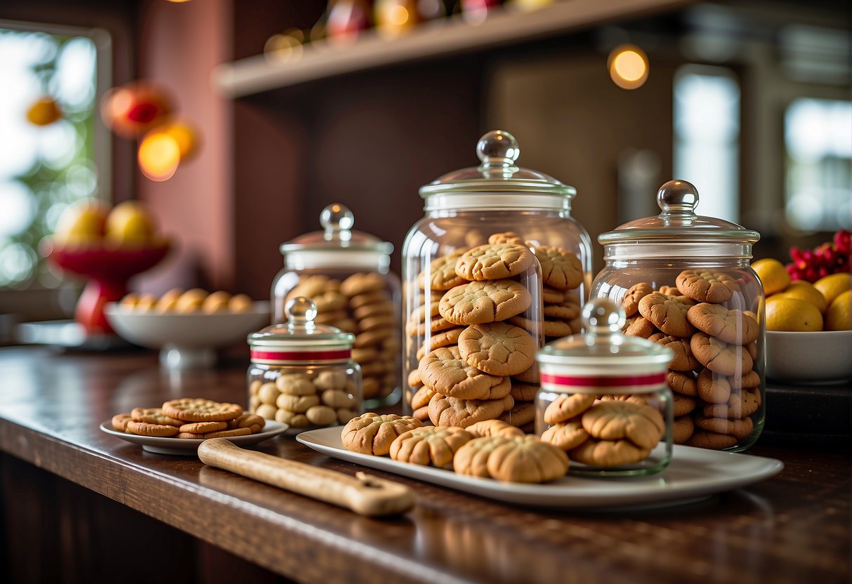 A kitchen counter with neatly arranged Chinese New Year cookies in jars and plates, ready to be served