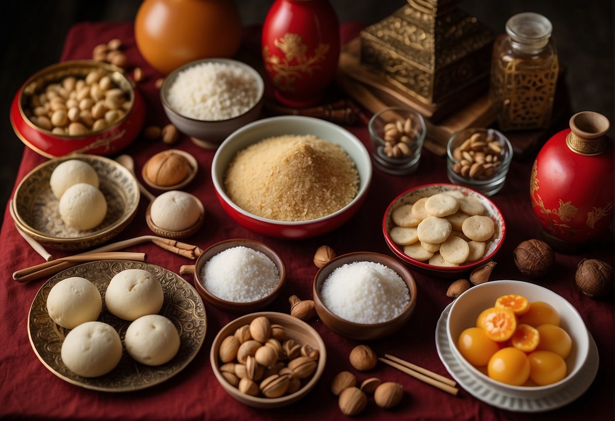 A table with various ingredients and utensils for making Chinese New Year cookies, along with a printed list of frequently asked questions about the recipes