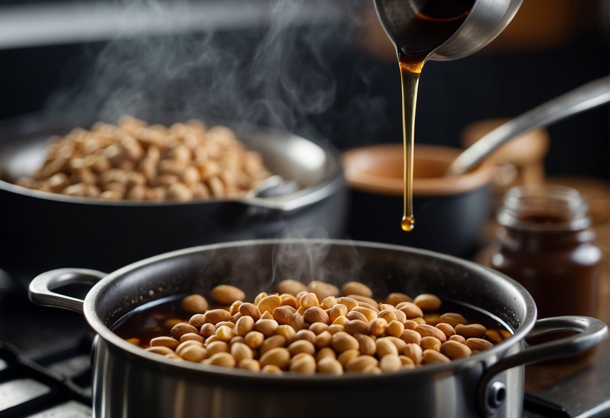 A pot simmering with peanuts, soy sauce, ginger, and spices. Steam rising, rich aroma filling the kitchen. Soy sauce bottle and ginger root nearby