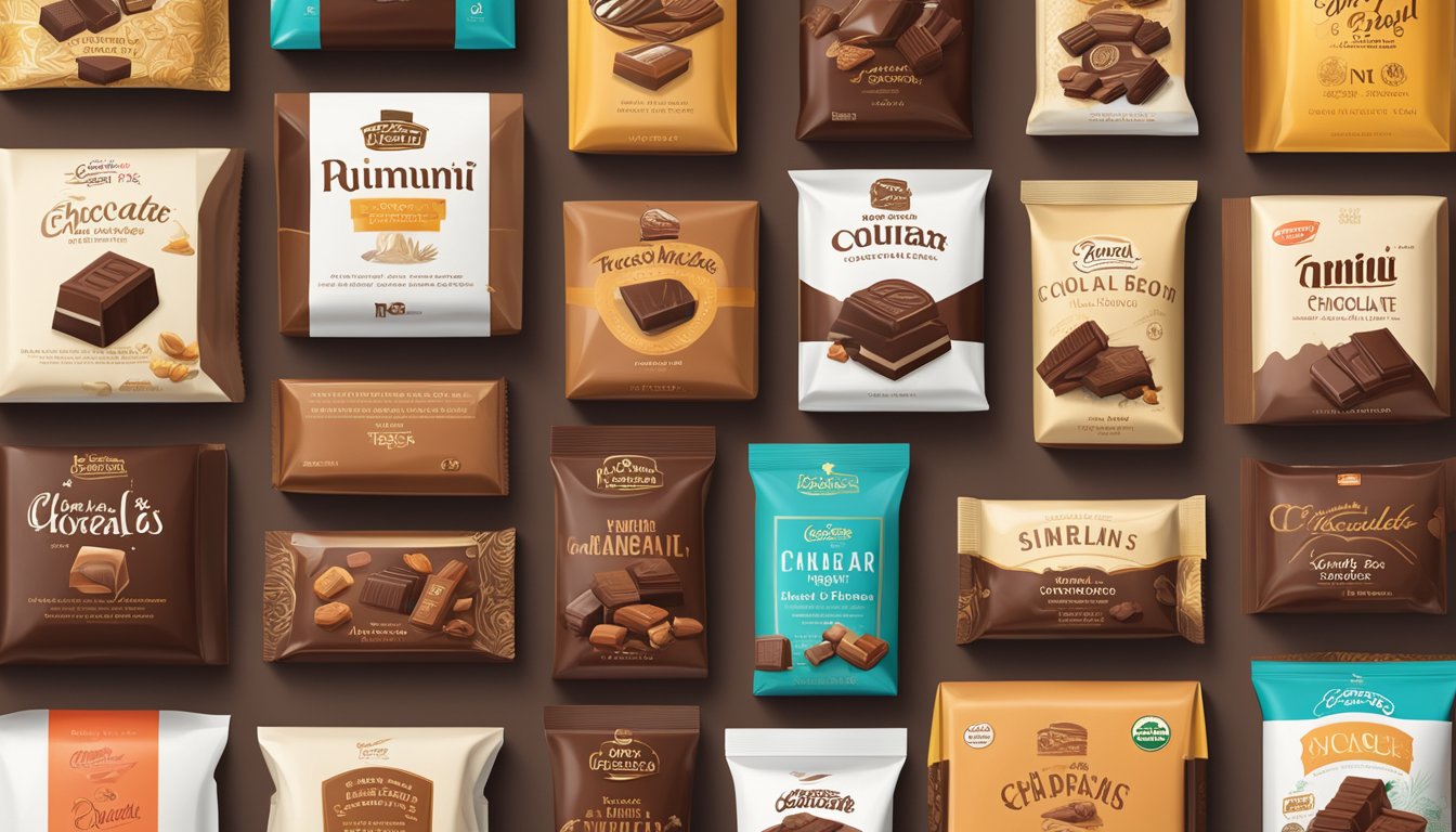 A display of top 20 chocolate brands from around the world, showcasing their cultural and historical impact through their packaging, logos, and iconic products