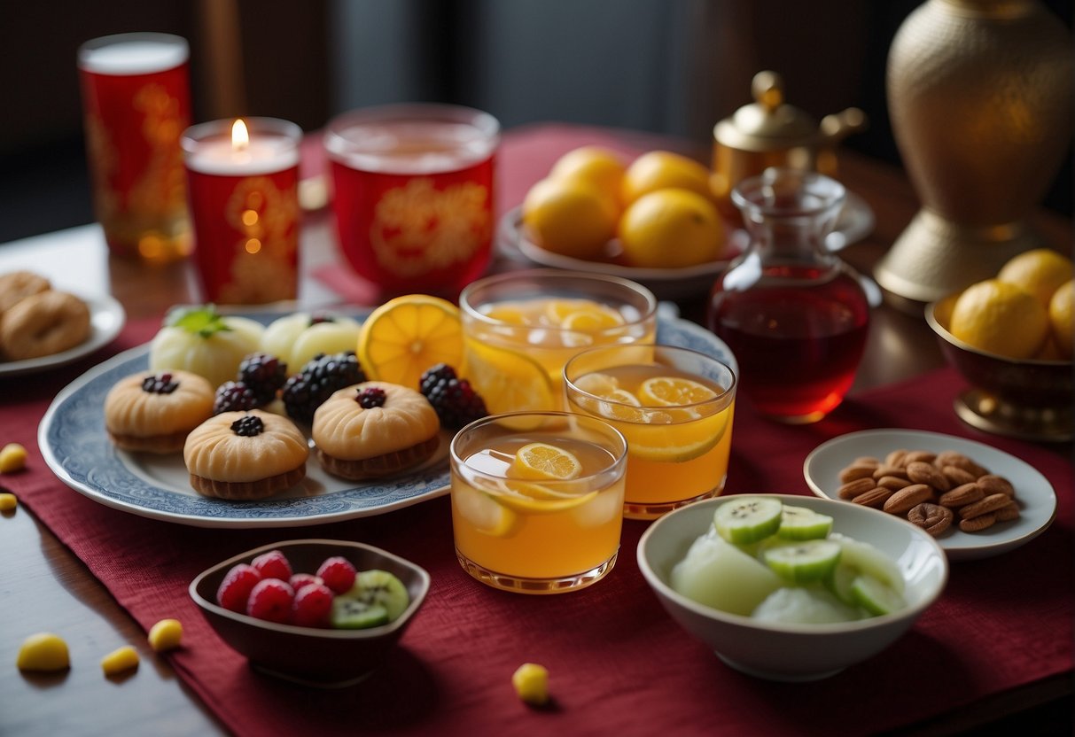 A table set with traditional Chinese desserts and various beverages, including tea and fruit-infused water, ready to be paired for a Chinese New Year celebration